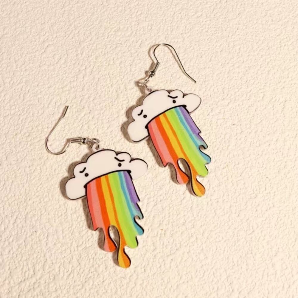 funny cartoon cloud puking a rainbow acrylic earrings